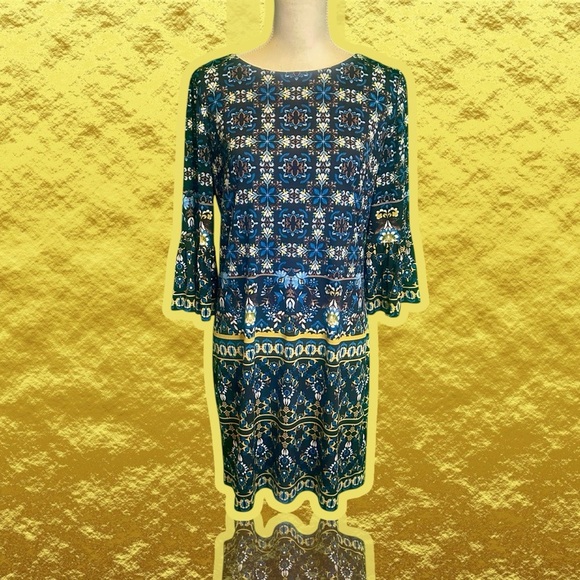 Maggy London Blue Kaleidoscope Paisley Print Bell Sleeve Shift Dress Size 8 - Picture 1 of 14